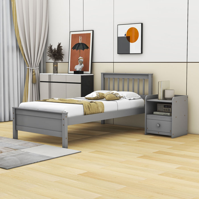 Winston Porter Wooden Platform Bed With Nightstand Wayfair